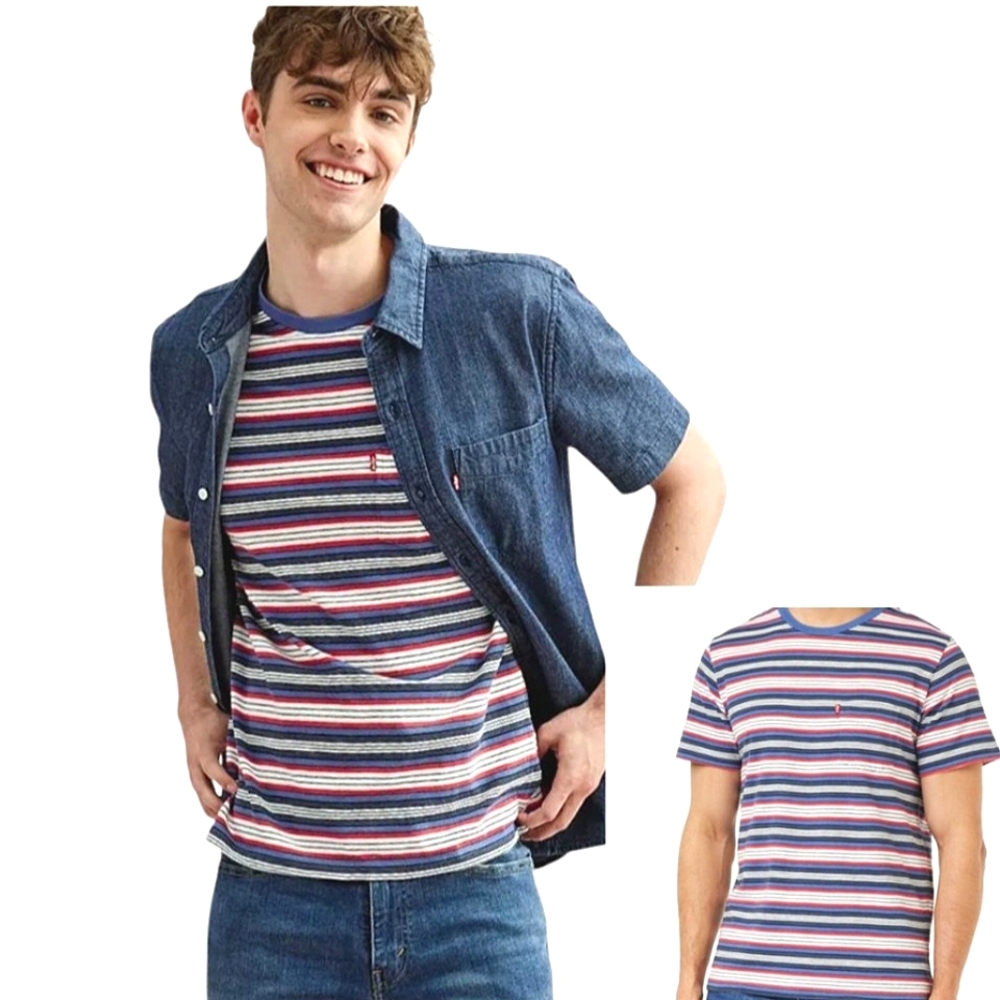 Men’s Levi’s Classic Pocket Striped Blue Red T-shirt - Size XL